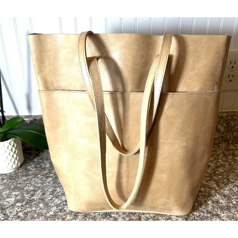 Able Handmade Leather Tote Bag With Pocket Tan Color - Picture 3 of 7